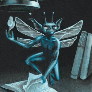 May include: A blue fairy-like creature with wings, holding a crystal and opening a book. The creature has large ears and a mischievous grin. The book is open and has lined pages. A cage is hanging above the creature.