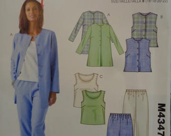 Patrón de costura McCall's Stitch 'n Save M4347 Chaqueta, chaleco, top y pantalones para mujer, tallas 16-22