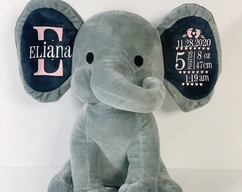 Baby Birth Announcement Elephant teddy|Newborn Keepsake|Baptism Gift|New baby gift|Personalized Elephant|Cadeau Nouveau né|Stat Plush|Toutou