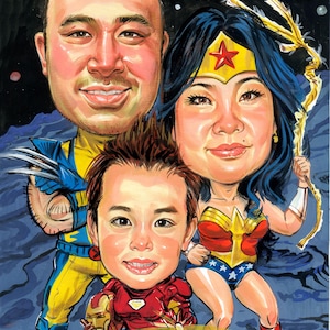 Caricature de famille personnalisée, caricature de groupe, caricature personnalisée à partir d'une photo