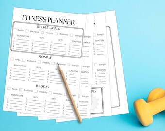 May include: A black and white printable fitness planner with the title "Fitness Planner" and a section for "Weekly Goals". The planner includes sections for "Cardio", "Endurance", "Flexibility", "Resistance", and "Strength". The planner also includes sections for "Monday", "Tuesday", "Wednesday", "Thursday", "Friday", "Saturday", and "Sunday". A pencil is lying on top of the planner. Two yellow dumbbells are lying on a blue surface.