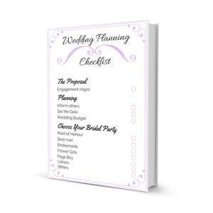May include: A white checklist with a purple border and swirls. The checklist is titled "Wedding Planning Checklist" and includes sections for "The Proposal", "Planning", and "Choose Your Bridal Party".