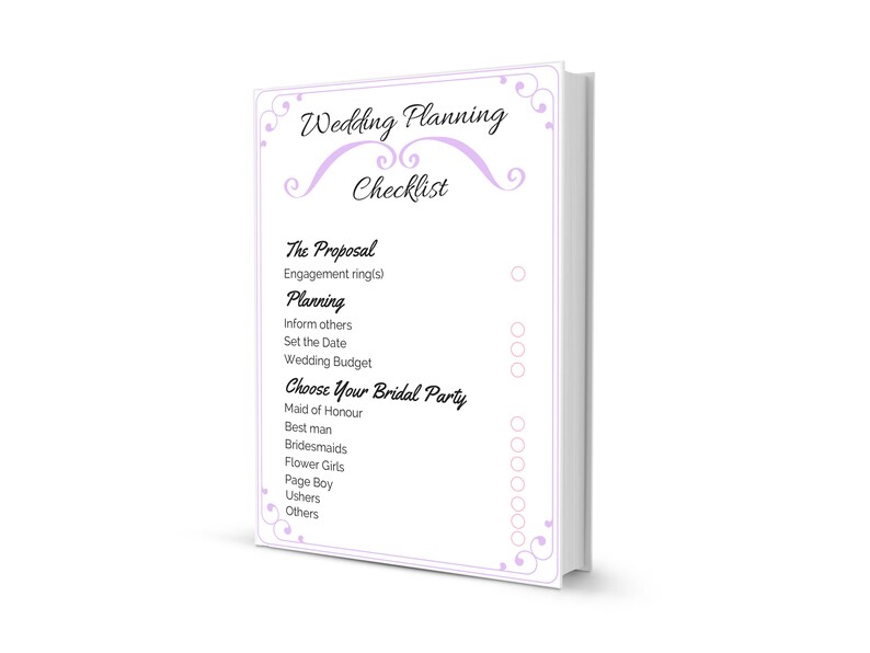 May include: A white checklist with a purple border and swirls. The checklist is titled "Wedding Planning Checklist" and includes sections for "The Proposal", "Planning", and "Choose Your Bridal Party".