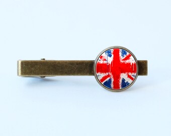 Silver British Shilling Tie Bar Clip Tiebar Tieclip Vintage Hand Painted Suit Style Flag Lion Crown