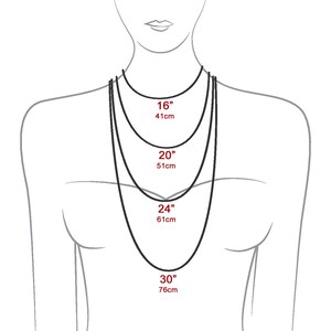 May include: Illustration of a person with four necklaces of varying lengths. The necklaces are 16 inches (41cm), 20 inches (51cm), 24 inches (61cm), and 30 inches (76cm) long, displayed against a gray outline of a torso.
