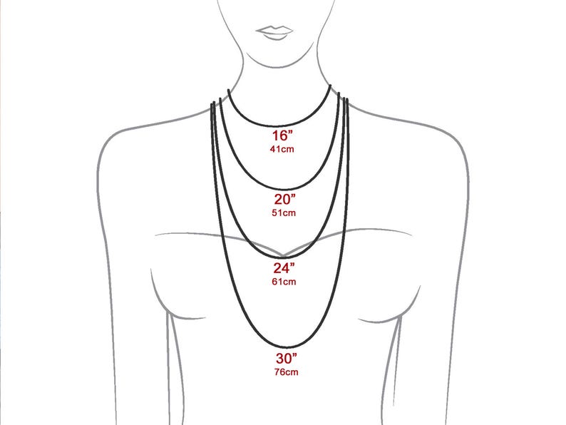 May include: Illustration of a person with four necklaces of varying lengths. The necklaces are 16 inches (41cm), 20 inches (51cm), 24 inches (61cm), and 30 inches (76cm) long, displayed against a gray outline of a torso.