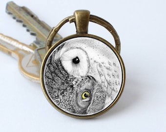 Llavero de búhos Llavero Yin Yang Joyas de búhos Llavero zen Llavero de búhos Búho blanco Joyas de búho Joyas Yin Yang Búho gris Llavero de pájaro Regalos