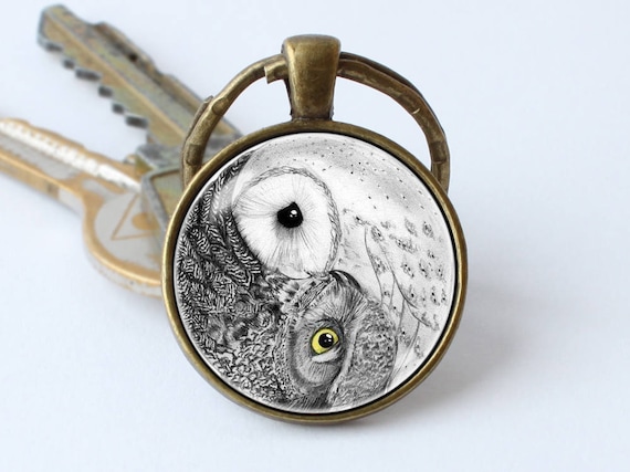 Owls keychain Yin Yang keyring Owl jewellery Zen key chain Owls keyring White owl Owl jewelry Yin Yang jewelry Grey owl Bird keychain Gifts