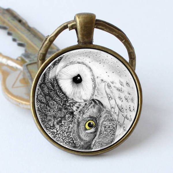 Owls porte-clés Yin Yang porte-clés Hibou bijoux Zen key chain Owls porte-clés White owl Owl bijoux Yin Yang bijoux Grey owl Bird porte-clés Cadeaux