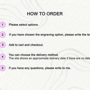 May include: A five-step guide on how to order online. The steps are numbered 1 through 5 and include selecting options, adding to cart, choosing delivery, and contacting the seller with questions.