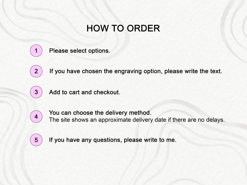May include: A five-step guide on how to order from an online store. The steps are numbered 1 through 5 and include selecting options, adding to cart, choosing delivery method, and contacting the seller with questions.