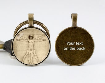 Text engraving Personalized gift Da Vinci key fob Da Vinci jewelry Engraved key chain Vitruvian man Art jewellery Leonardo da Vinci key ring