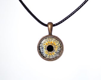 May include: A necklace with a round pendant featuring a realistic eye with a blue, yellow, and brown iris and a black pupil.