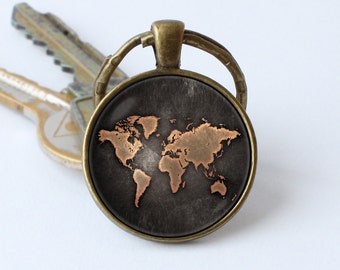 Vintage map keychain Map jewelry Old map keyring World map key ring Traveler gift Map pendant Globe key chain Map keyring World map jewelry