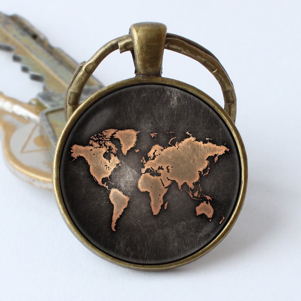 Vintage map keychain Map jewelry Old map keyring World map key ring Traveler gift Map pendant Globe key chain Map keyring World map jewelry