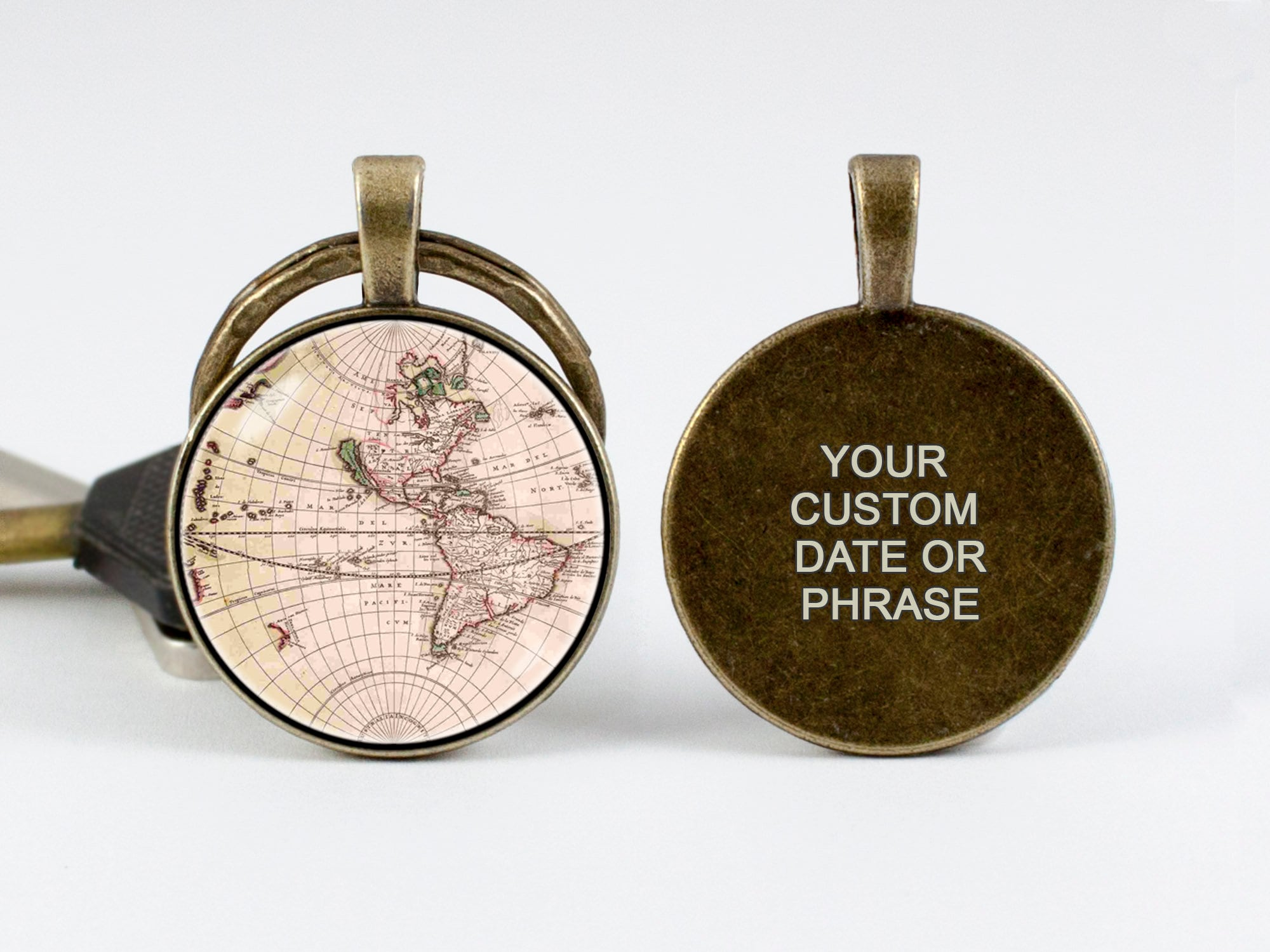 Vintage World Map Globe Keychain - Earth Pendant Key Fob, Antique Style Key Ring (Map 14, Size 1) - View #8