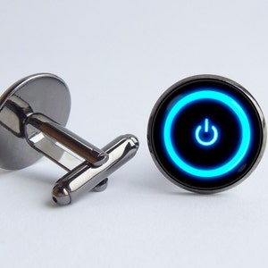 Power button cuff links Computer cufflinks Power symbol Computer nerd cufflinks Geek cufflinks Power switch Geek gift Blue button Tech Gamer