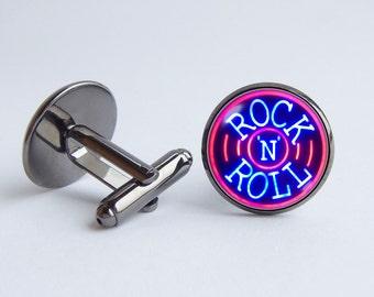 Rock & Roll cuff links Rock 'n' Roll cufflinks Rock'n'Roll jewelry Music jewellery Gift for music lover Men jewelry Men cuff links Neon sign