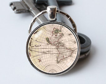 Map keychain World map key ring Old map jewelry Globe key chain World map pendant Geography Travels keyring Traveler gift Tourist keychain