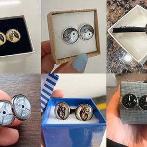 May include: Assortment of cufflinks in various designs, including anatomical hearts, owls, weight plates, and a speedometer. The cufflinks are displayed in small boxes with white interiors.