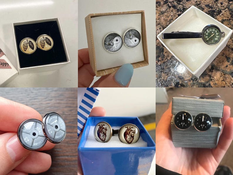 May include: Assortment of cufflinks in various designs, including anatomical hearts, owls, weight plates, and a speedometer. The cufflinks are displayed in small boxes with white interiors.