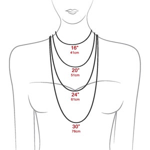 May include: A line drawing of a person wearing a necklace with four different lengths marked in inches and centimeters. The lengths are 16 inches (41 cm), 20 inches (51 cm), 24 inches (61 cm), and 30 inches (76 cm).