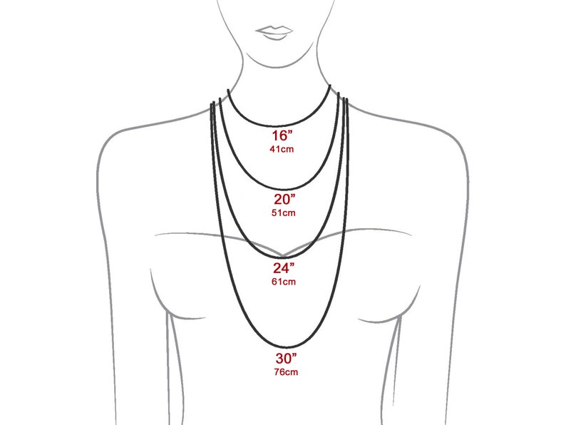May include: A line drawing of a person wearing a necklace with four different lengths marked in inches and centimeters. The lengths are 16 inches (41 cm), 20 inches (51 cm), 24 inches (61 cm), and 30 inches (76 cm).