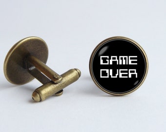 Play cuff links Game over cufflinks Husband gift Game jewelry Black cufflinks Mens gift Accessories for men  Gift for him Geek jewelry