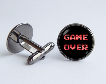 Gemelos Game Over Regalo para marido Gemelos Play Gemelos negros Regalo para hombre Accesorios para hombre Joyas de juego Regalo para él Joyas geek