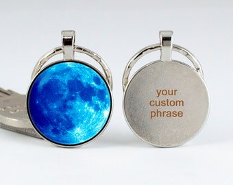 Key chain with engraving Blue moon Customized key ring Lunar jewelry Personalized key fob Space Full moon jewelry Custom gift Luna keychain