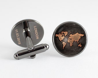 Custom text cuff links Men jewelry World map Husband gift Personalized jewelry Map cufflinks Globe cuff links Custom engraving Coordinates