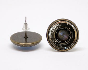 Camera lens earrings Photographers gift Camera earrings Camera lens jewelry Photography earrings Camera jewellery Vintage lens Lens earrings