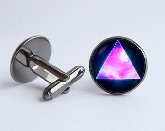 Heilige geometrie Manchet verbindt Driehoek Mannen geschenk Driehoek sieraden Geometrische manchetknopen Cadeau voor vriendje Purple galaxy manchetknopen Ruimte sieraden