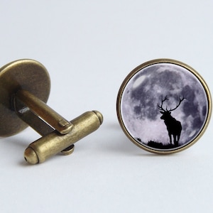 Moon with elk cufflinks Men cuff links Father&#39;s gift Moon jewelry Grey moon jewelry Men accessories Cufflinks elk Cuff links for boyfriend