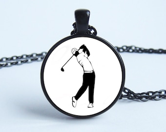 Golf necklace Golfer pendant Golf jewelry Golf gifts for men Golf art Black and white pendant Sports jewelry Golf team gift Golf lover gift