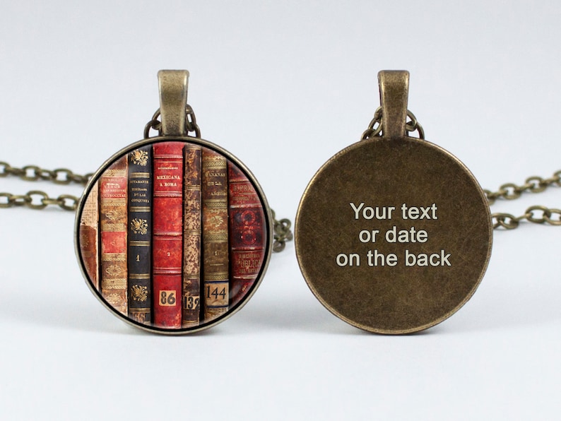 Personalized book pendant Custom text Bookish jewelry Customized necklace Gift for wife Bookworm gift Women gift Initials Books lover gift
