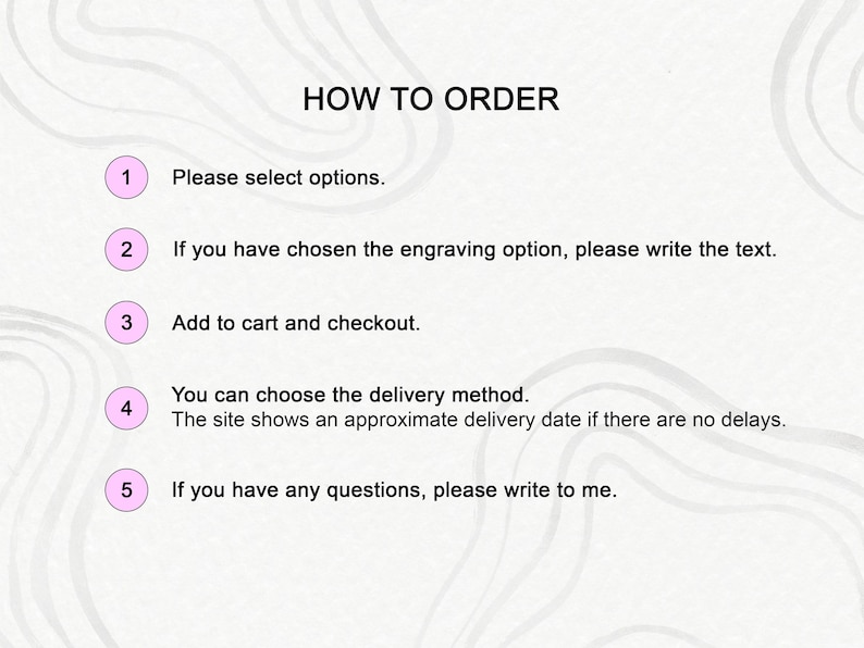 May include: A five-step guide on how to order from an online shop. The steps are numbered 1 through 5 and include selecting options, adding to cart, choosing delivery method, and contacting the seller with questions.