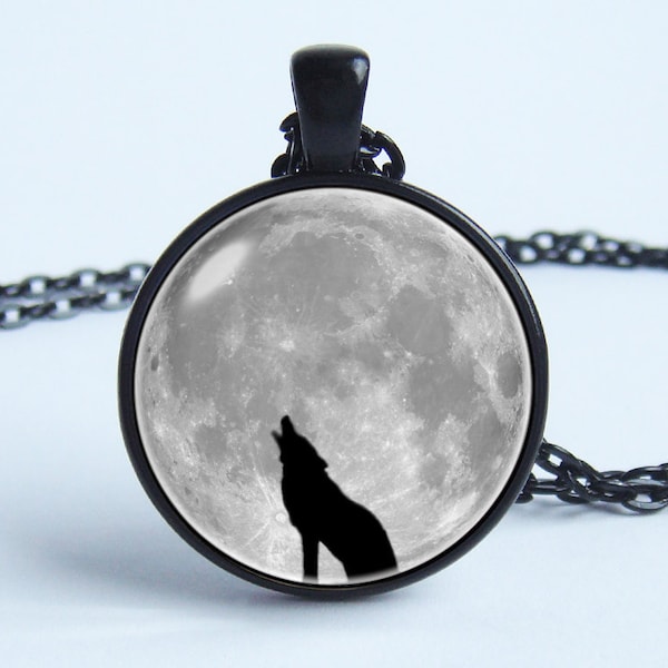 Grey moon necklace Wolf necklace Wolf jewelry Wolf pendant Moon pendant Wild animal Art necklace Moon necklace Full moon Wolf and moon