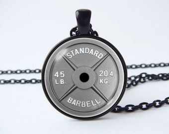 Barbell necklace Dumbbell necklace Weightlifting Fitness necklace Trainer gifts Fitness jewelry Barbell pendant GLASS LENS on the front