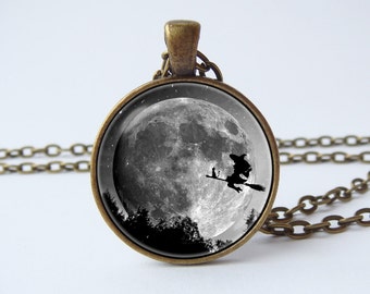 Halloween necklace Halloween jewelry Witch necklace Witch pendant Witch on the broom Witch jewelry Halloween pendant Trick or Treat Moon