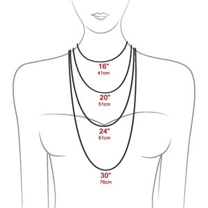 May include: Diagram showing different necklace lengths on a model. The lengths are 16 inches (41 cm), 20 inches (51 cm), 24 inches (61 cm), and 30 inches (76 cm).