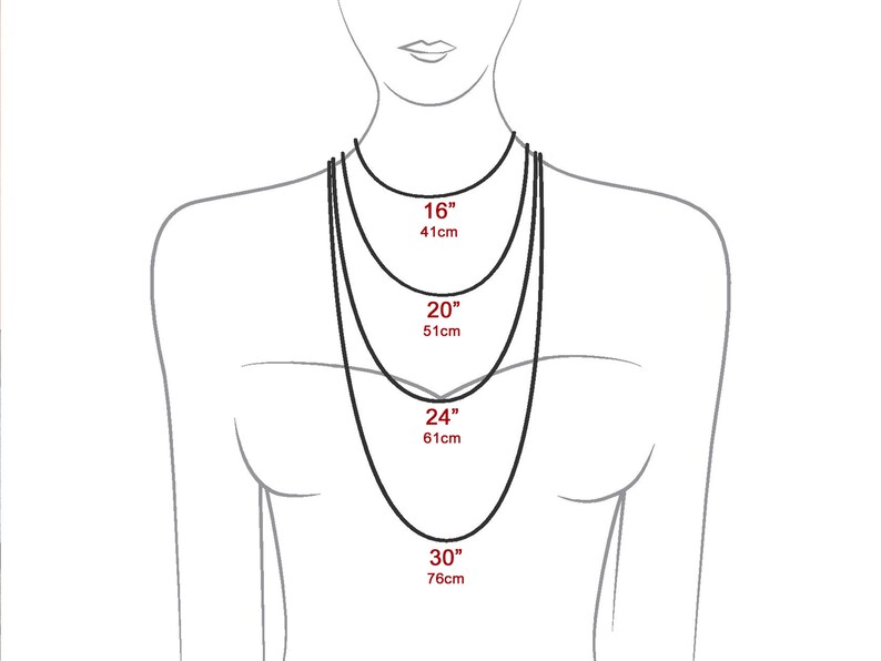 May include: Diagram showing different necklace lengths on a model. The lengths are 16 inches (41 cm), 20 inches (51 cm), 24 inches (61 cm), and 30 inches (76 cm).
