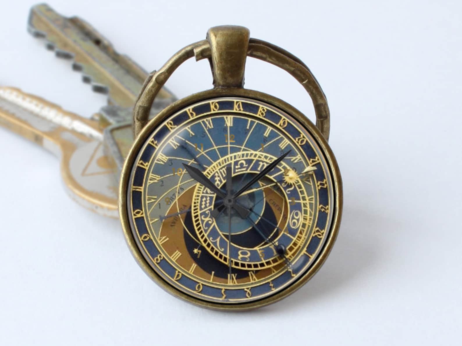Clock Keychain Prague Clock Key Ring Clock Jewelry Steampunk Key Chain ...