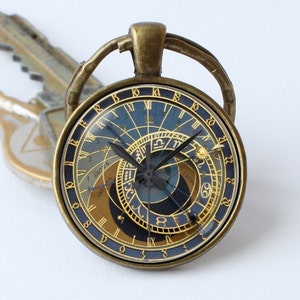 Clock keychain Prague clock key ring Clock jewelry Steampunk key chain Clock pendant Steampunk gift Steampunk keyring Old clock Antique