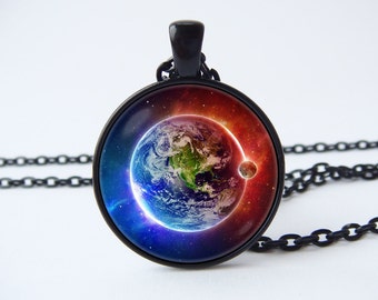 Earth and moon necklace Space pendant Earth jewelry Moon jewellery Planet necklace Outer space necklace Galaxy jewelry Solar system Universe