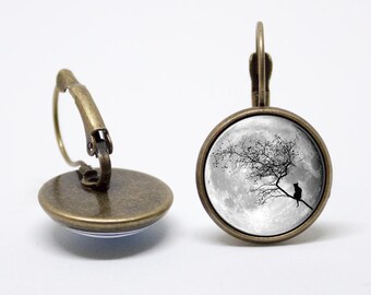 Mond und Katze Ohrringe Mond Schmuck Katze Ohrringe Vollmond Schmuck Moon Ohrringe Katze Schmuck Freundin Geschenk Geburtstagsgeschenk grau Mond Baum