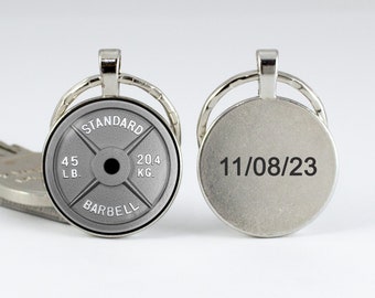 Engraved key ring Barbell Weightlifter Personalized jewelry Workout Custom key fob Fitness jewelry Engraved keychain GLASS LENS on the front
