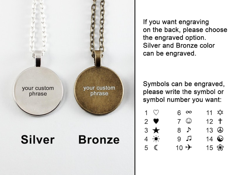 May include: Two round silver and bronze pendants with chains. The pendants have the text "your custom phrase" engraved on them. The image also shows a list of symbols that can be engraved on the back of the pendants.
