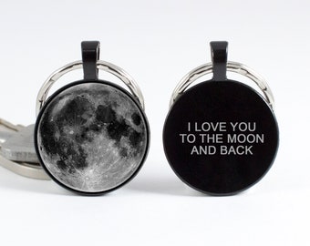 Personalized jewelry I love you to the moon and back Custom key fob Full moon jewelry Engraved keychain Wedding gift Anniversary gift Lunar