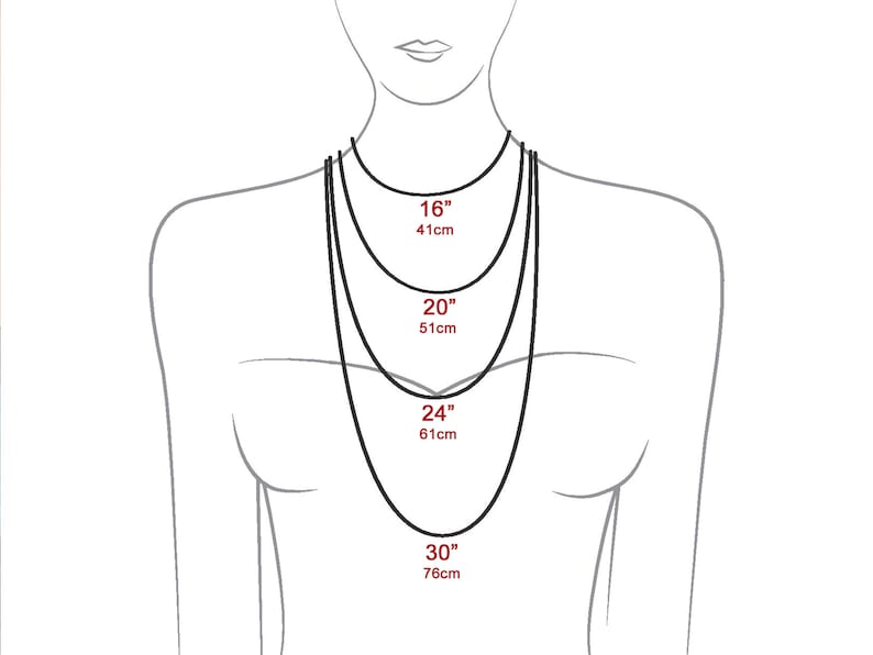 May include: Diagram showing four different necklace lengths on a model. The lengths are 16 inches (41 cm), 20 inches (51 cm), 24 inches (61 cm), and 30 inches (76 cm).